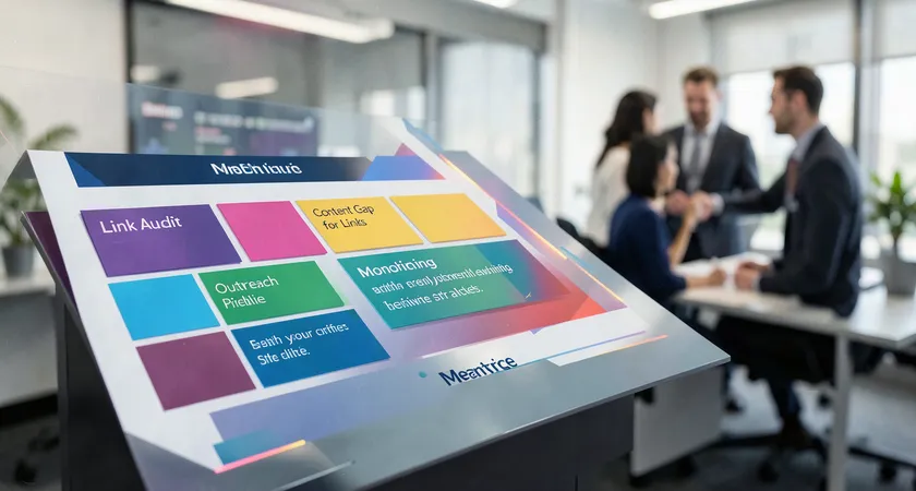 A project management board with color-coded cards for 'Link Audit', 'Content Gap for Links', 'Outreach Pipeline', 'Monitoring', two people collaborating in soft focus in the background, modern office setting