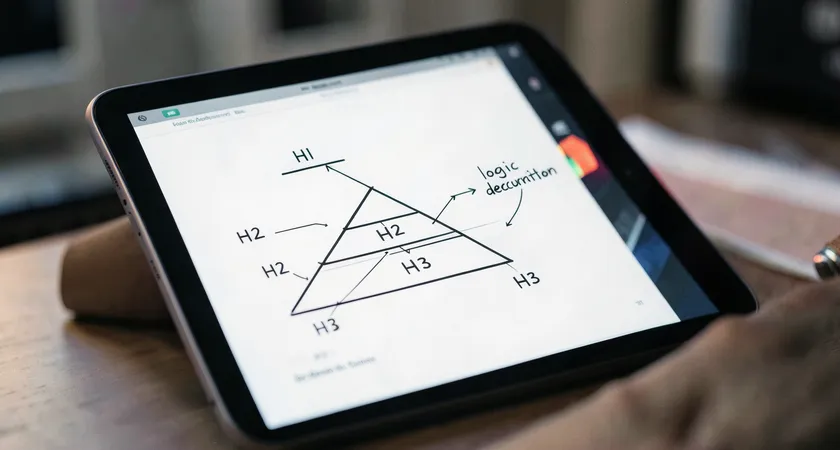 A wireframe sketch on a designer's tablet showing an article outline, with a clear pyramid of H1, H2, and H3 tags connected by lines, a handwritten note on the side reads 'logic > decoration', shallow depth of field focuses on the hierarchy
