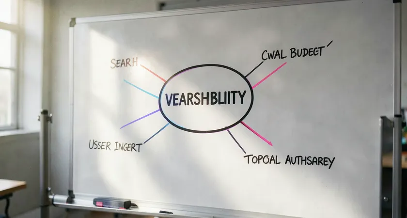 A concept map drawn on a whiteboard, the central bubble reads 'Search Visibility', with connecting lines to related concepts like 'Crawl Budget', 'User Intent', and 'Topical Authority', sunlight reflects off the whiteboard surface