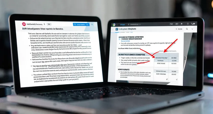 Side-by-side comparison of two article screenshots on a laptop, one is a wall of text with no subheadings, the other is well-structured with clear headings, bullet points, and a table, a red pen circles the differences