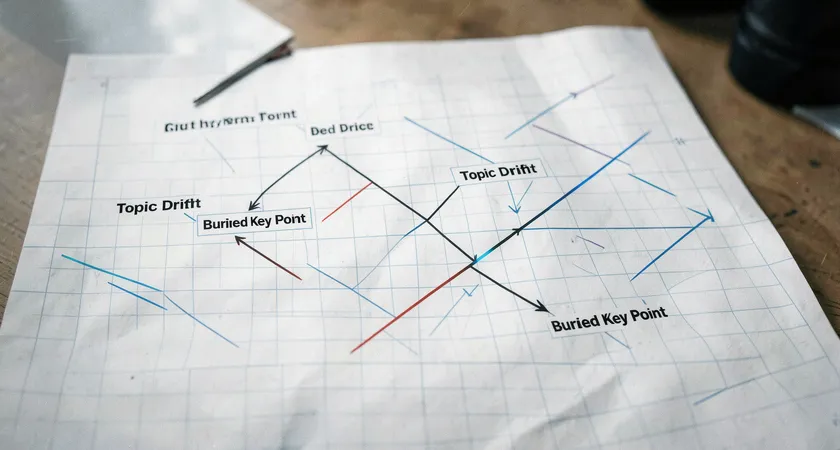 A flow chart diagram showing a user's path through a poorly structured article, with arrows leading to dead ends labeled 'Topic Drift' and 'Buried Key Point', the chart is drawn on graph paper with a fine liner