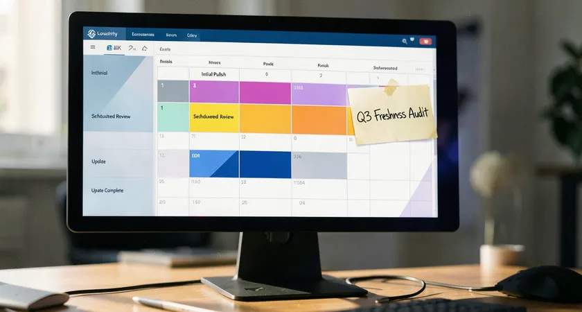 An editorial calendar on a large monitor, showing color-coded blocks for 'Initial Publish', 'Scheduled Review', and 'Update Complete'. A handwritten note is taped to the side of the screen reading 'Q3 Freshness Audit', with natural morning light casting soft shadows on the desk.