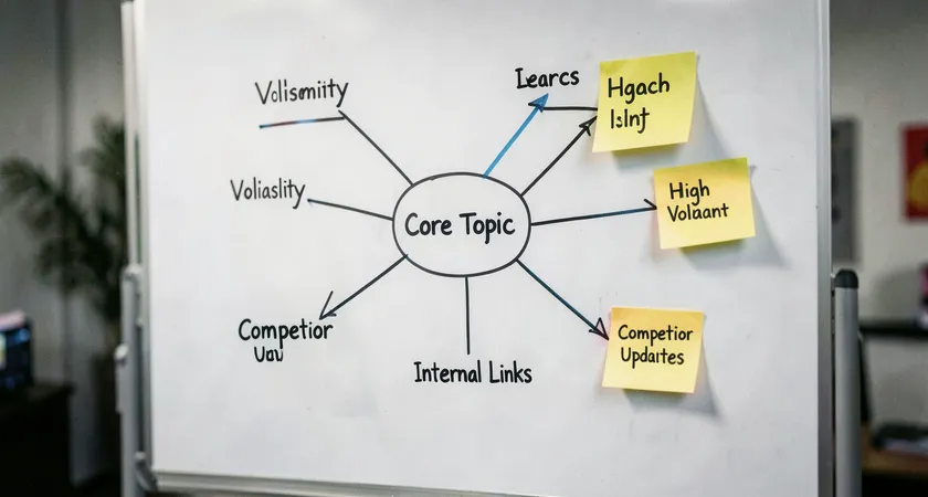 A spider diagram drawn on a whiteboard, with 'Core Topic' in the center. Branches labeled 'Volatility', 'Search Intent', 'Competitor Updates', and 'Internal Links' extend out, with sticky notes clustering around the 'High Volatility' branch.