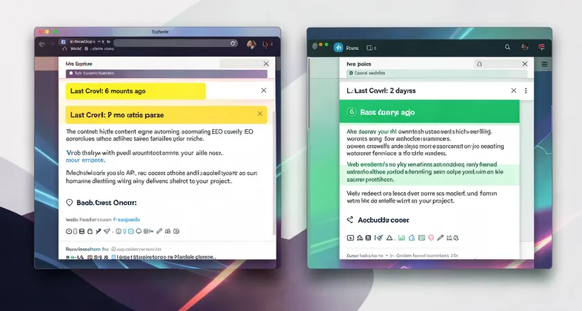 Side-by-side comparison of two browser windows showing the same article URL in a site audit tool. The left window highlights 'Last Crawl: 6 months ago' in yellow, the right shows 'Last Crawl: 2 days ago' in green after a content update, symbolizing renewed crawler attention.