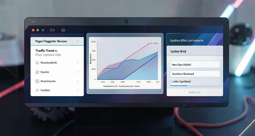 A streamlined dashboard view with three primary panels: a list of 'Pages Flagged for Review', a graph showing 'Traffic Trend vs. Last Update Date', and a simple form titled 'Update Brief' with fields for 'New Data Added', 'Sections Revised', and 'Links Updated'.
