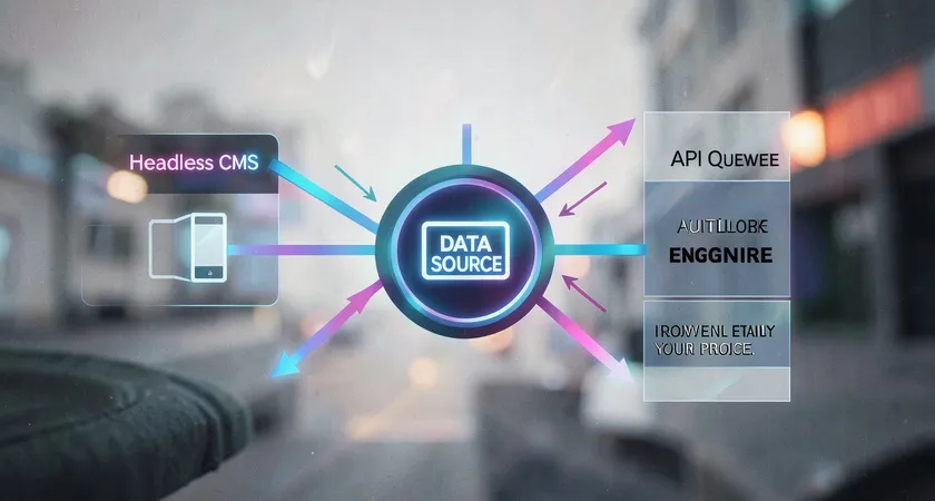 A conceptual diagram showing a central 'Data Source' like a product DB. Arrows flow out to a 'Headless CMS', an 'API Gateway', and a 'Audit Queue'. The 'Audit Queue' feeds into a 'Workflow Engine' box, visualizing the automated trigger system for content updates.