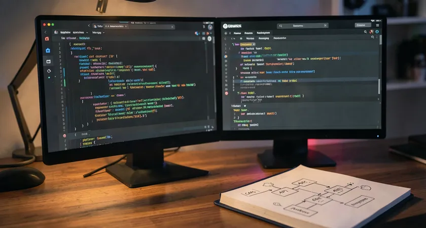 A developer's screen showing two code editors side by side, one with analytics event tracking code and the other with a headless CMS API response, warm lamp light on a wooden desk, a notebook with a hand-drawn diagram connecting boxes labeled CMS, API, and Analytics