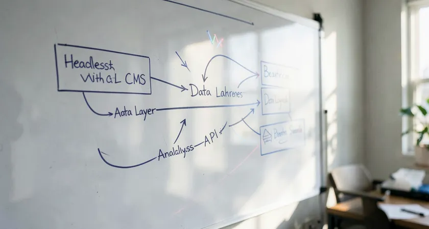 A workflow diagram sketched on a whiteboard, showing arrows flowing from a box labeled Headless CMS to ones labeled Data Layer, Analytics API, and Dashboard, natural light from a window reflecting on the board's surface