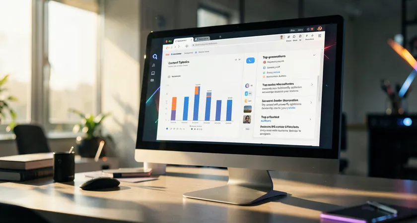 A desktop monitor displaying a custom dashboard with multiple data visualizations, including a bar chart of content topics vs. conversion rate and a list of top-performing authors, late afternoon sun casting long shadows in a modern office