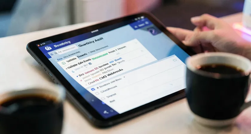 A close-up of a project management tool on a tablet, showing a task titled Quarterly Tracking Audit with subtasks like Validate GA4 Events and Check CMS Webhooks, shallow depth of field, a coffee cup blurred in the foreground