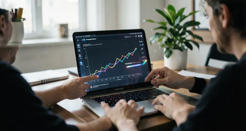 A collaborative meeting around a laptop, hands pointing to a line graph on the screen, focus on the chart showing content performance over time, ambient office lighting, a plant and notebook in the background