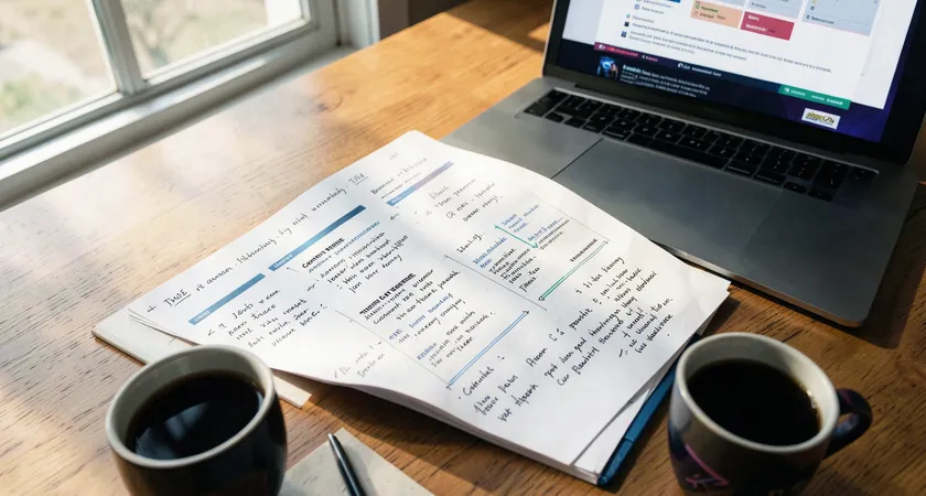 A close-up, top-down view of a style guide booklet open on a wooden desk, next to a laptop showing a content brief template. Morning light from a large window highlights handwritten notes in the margins, with a cup of black coffee in the foreground, creating a focused planning atmosphere.