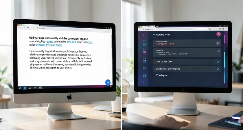 A split-screen workflow displayed on a large desktop monitor. The left side shows a raw AI-generated text with highlighted sections, the right side shows a streamlined editorial checklist interface with checkbox items like 'Narrative Hook', 'Data Source Cited', 'CTA aligned'. Daylight fills a modern, minimal home office space.