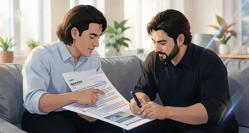 A mid-shot of two professionals collaborating on a sofa in a bright, airy lounge area. One points to a printed article draft with a pen, circling a paragraph, while the other takes notes on a tablet. The image conveys focused, collaborative critique in a relaxed environment.