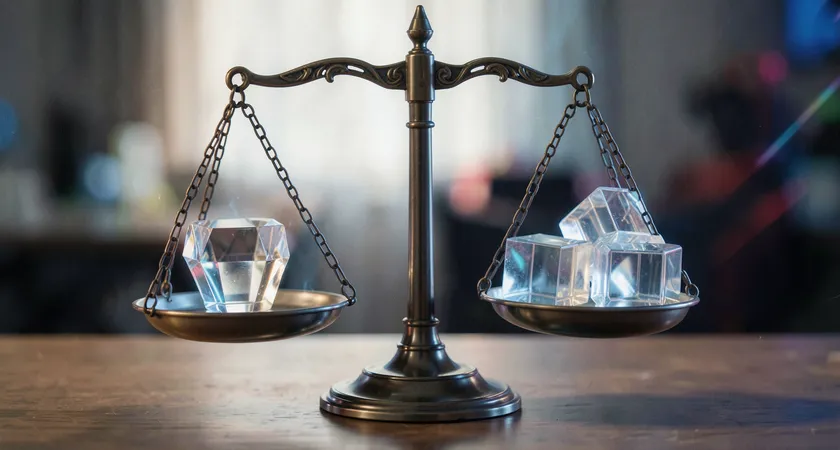 A symbolic shot of a balanced old-fashioned scale on a table. One tray holds a small, dense crystal paperweight representing 'Quality', the other holds several large, hollow plastic blocks representing 'Volume'. The background is softly blurred, emphasizing the conceptual struggle between density and quantity.