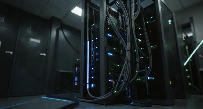 A wide, low-angle shot of a modern server rack in a dimly lit data center, blue and green LED status lights illuminating the foreground. Cables are neatly bundled in a monochromatic palette of black and slate gray, conveying a sense of organized but separate technological systems.