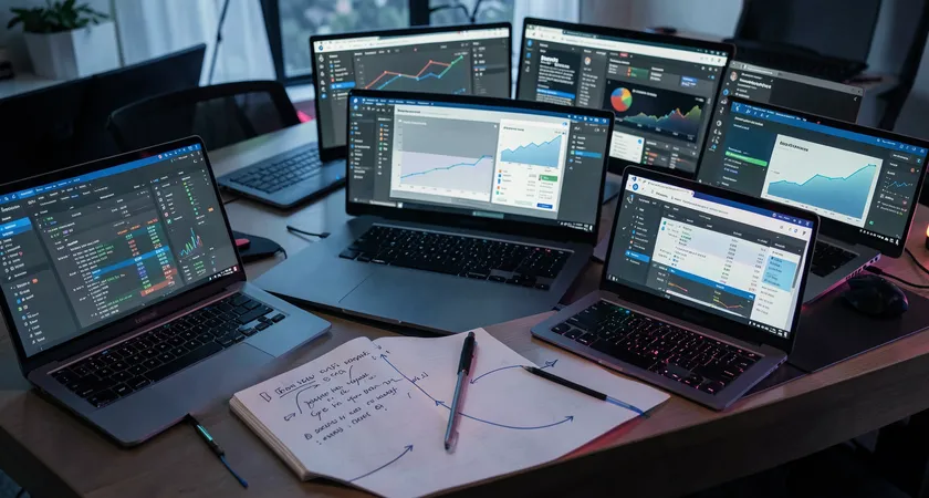 An aerial view of a modern office desk cluttered with multiple open laptops and monitors, each screen showing a different analytics dashboard with graphs and tables. A notebook lies open with handwritten notes and arrows connecting concepts, bathed in the cool glow of the screens.