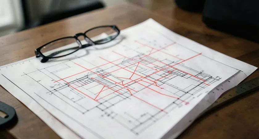 A detailed shot of an architectural blueprint spread on a table, overlayed with translucent tracing paper showing redlined connections between different building wings. A pair of glasses and a precision ruler lie alongside, suggesting planned integration.