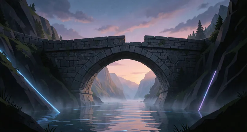 A weathered stone arch bridge under a twilight sky, strongly connecting two steep cliffs over a misty river. The architecture is solid and enduring, lit from below, symbolizing a reliable connection between separate entities.