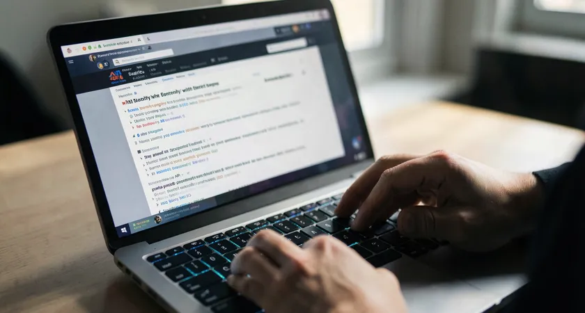 A close-up of a laptop screen showing a dense, poorly formatted webpage. The screen is slightly blurred, with a user's hand poised over the keyboard's backspace key, light from a window casting a hard shadow, conveying a moment of decision and frustration