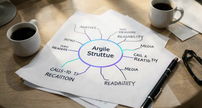 A bird's-eye view of a desk with a large sheet of paper covered in a mind map. Central circle reads "Article Structure," with branches for "Intro," "Headers," "Readability," "Media," and "Calls-to-Action." Coffee mug and pen nearby, soft morning light creating a focused, planning atmosphere