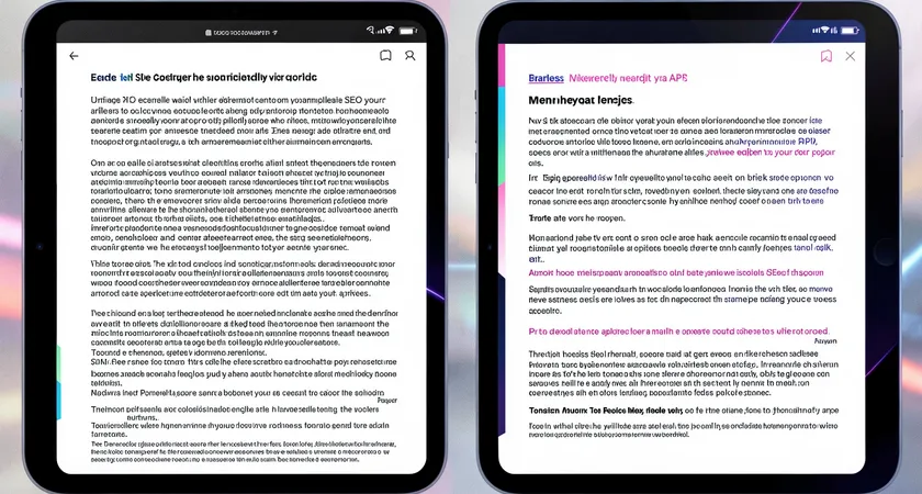 A side-by-side comparison of two text columns on a tablet screen. Left column shows a dense wall of text. Right column shows the same content with clear headings, short paragraphs, and one bolded key phrase, demonstrating immediate visual relief and scannability