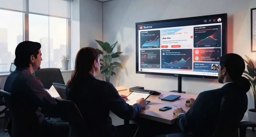 A wide shot of a content team in a meeting room, looking at a performance dashboard on a TV screen. The dashboard shows metrics like "avg. scroll depth" and "dwell time" across multiple articles, some highlighted in red, indicating a systematic review process