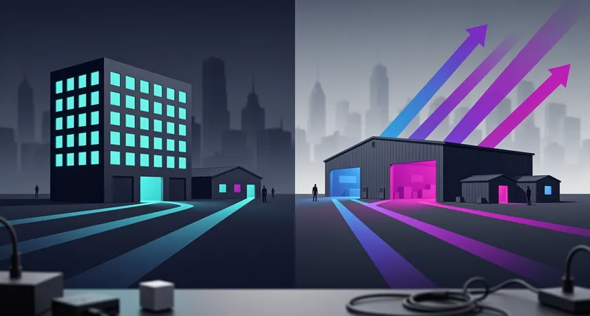 A split-screen visual metaphor. Left side shows a single, solid building labeled 'Monolithic CMS' with windows representing integrated functions. Right side shows a central warehouse labeled 'Headless CMS API' with separate arrows pointing to distinct, disconnected structures: a website, a mobile app, and a digital billboard, all under a clean, blue-toned sky.