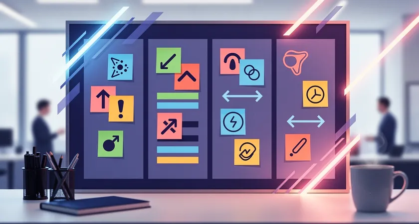 A detailed shot of a project planning board, with columns for 'Content Modeling', 'Front-end Build', 'SEO Migration', and 'QA'. Post-it notes highlight risks: 'Preview functionality for editors?', 'Redirect map complete?', 'Plugin audit needed'. The lighting is bright office light, conveying a sense of meticulous planning.