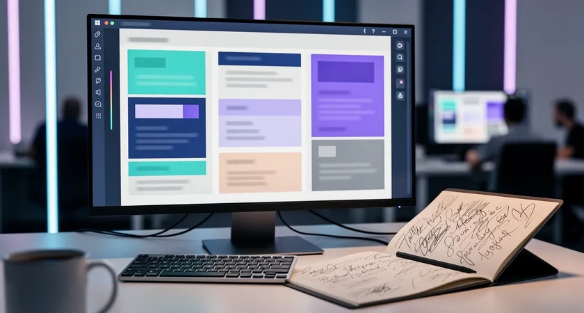 A large, shared digital workspace on a wide monitor showing a detailed document template. Sections are clearly color-coded, with placeholder text highlighted. A notebook with handwritten notes sits beside the keyboard, bathed in cool, focused office lighting