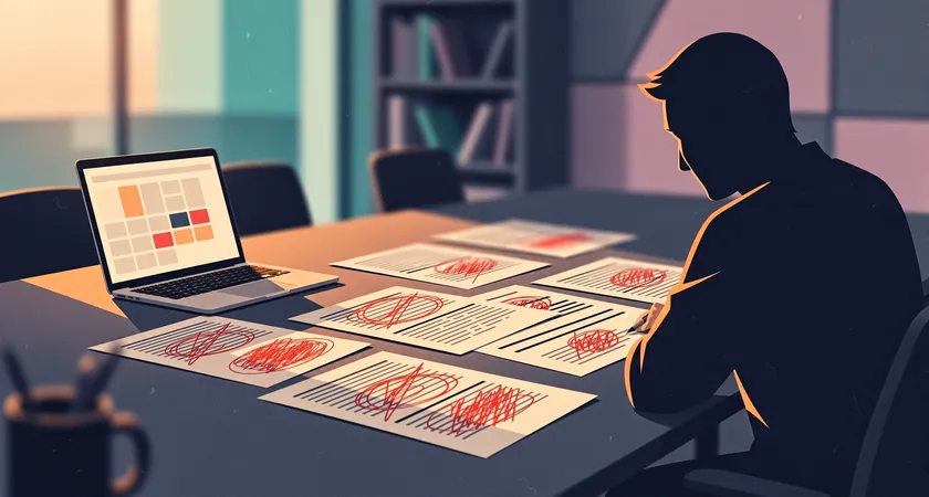 A mid-angle shot of an editor reviewing multiple printed drafts laid out on a large conference table. Red pen marks are visible on some pages, a laptop shows a calendar view, and warm afternoon light creates long shadows