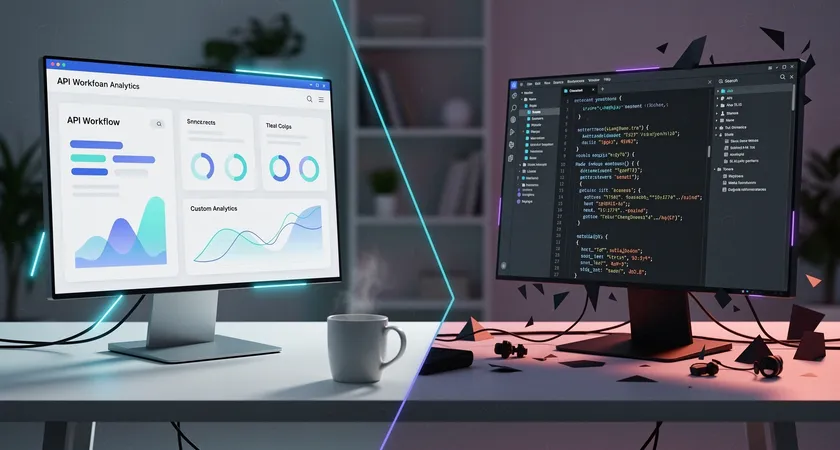 A split-view screenshot on a desktop monitor showing a clean, modern API workflow interface on one side and a messy, complex custom script code editor on the other. The desk is minimalist, with a single coffee mug, emphasizing a choice between order and chaos