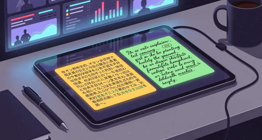 Close-up of two contrasting text paragraphs on a tablet screen. One paragraph is highlighted in yellow, showing templated, standard text. The adjacent paragraph is highlighted in green, containing a unique, handwritten-style insight with a specific data point reference
