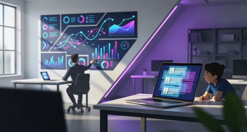 A wide shot of a content team meeting. Two individuals are shown in focus: one points to a performance dashboard on a screen, representing strategy. The other reviews a queue of article drafts on a laptop, representing production. Natural light fills the collaborative space