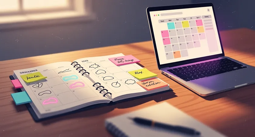 A close-up, top-down view of a planner open on a wooden desk, featuring color-coded sticky notes and handwritten annotations next to a laptop showing a simple calendar view, ambient morning light from a window, a sense of organized planning