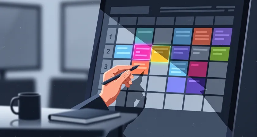 A medium shot of a large vertical monitor displaying a complex content calendar matrix with different colored blocks representing content types, a person's hand pointing to a specific date with a stylus, a coffee mug and notebook in the shallow foreground, cool blue light from the screen