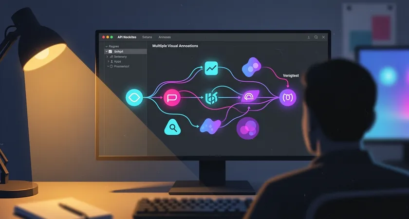 Over-the-shoulder view of a developer's screen showing a clean code editor with an API workflow diagram, featuring nodes for "Draft Approved," "Schedule," and "Publish," warm desk lamp light contrasting with the dark mode IDE