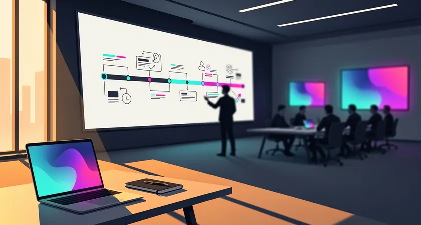 A wide shot of a content team in a meeting room, one person gesturing to a timeline on a whiteboard that shows "Publish" followed by "Social Amplify," "Email," and "Outreach," late afternoon sun casting long shadows, collaborative energy