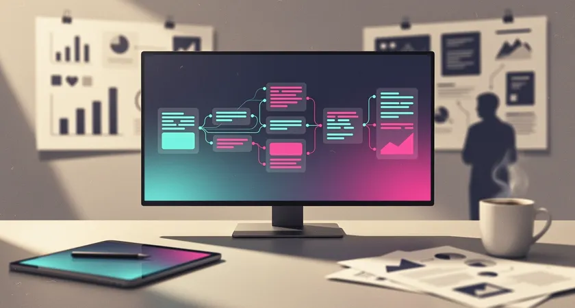 A clean, minimalist interface on a desktop screen showing a dashboard where a streamlined publishing workflow is visualized, from "Brief" to "Optimized Draft" to "Scheduled," with all assets in one place, soft neutral studio lighting reflecting on the desk surface