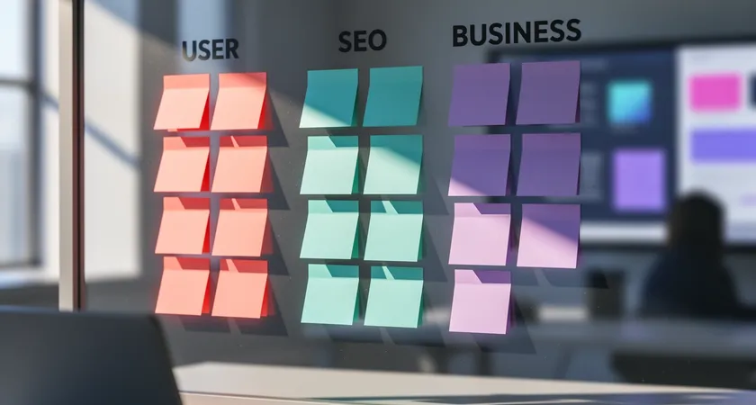 Close-up, eye-level shot of sticky notes on a glass wall being organized into three distinct color-coded columns labeled User, SEO, and Business, sunlight streaming in from the left, creating sharp shadows and a clean, strategic atmosphere