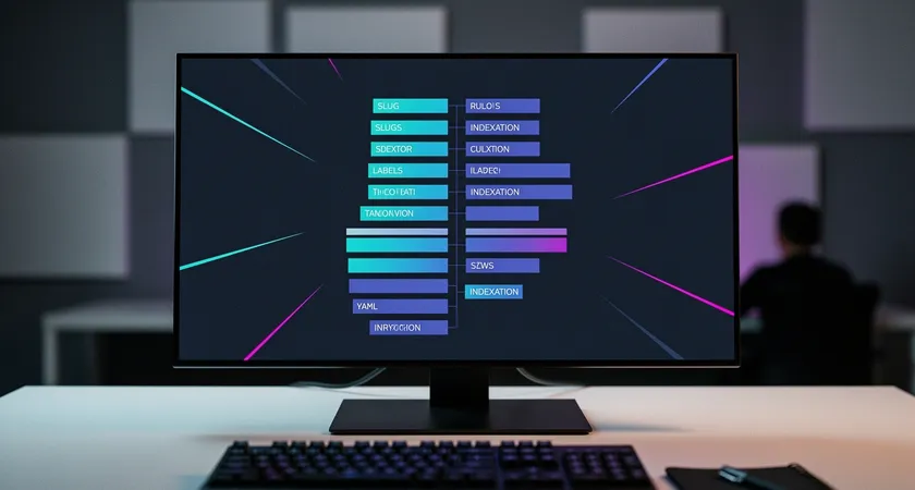 A developer's perspective looking at a code editor on a dark-themed screen, showing clean YAML configuration for a headless CMS taxonomy with clear key-value pairs for slugs, labels, and indexation rules, focused light on the text