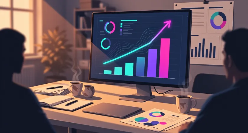 A mid-shot of a marketer and a content manager reviewing a dashboard on a large monitor, pointing at a graph showing category performance metrics, warm evening light from a window, notepads and coffee cups on the desk