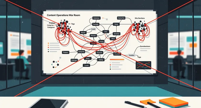 Wide-angle view of a content operations war room, a large flowchart on a whiteboard showing complex dependencies between categories, tags, and site sections, with red warning strings connecting problem areas, conveying a sense of advanced complexity