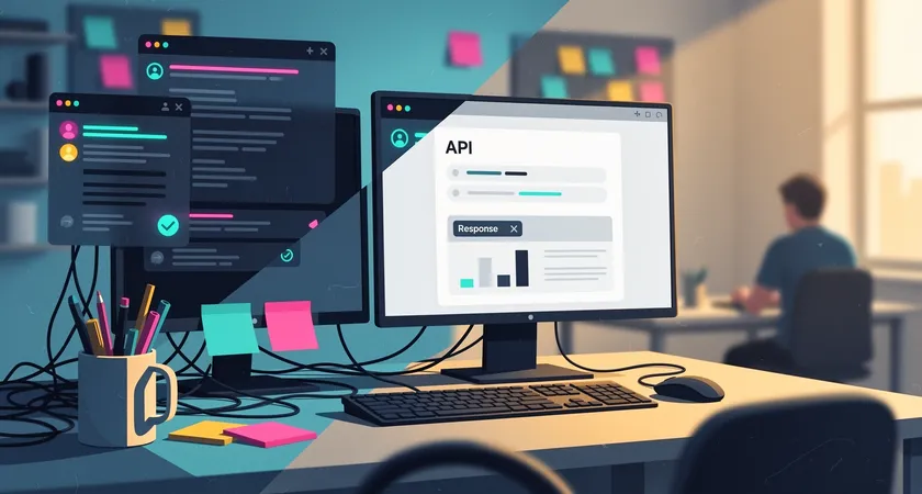 A split-screen view of a developer's workstation, left side shows a messy desktop with many terminal windows and a chat app full of questions, right side shows a clean browser with clear API documentation and a successful query response, morning light from a window illuminating the desk