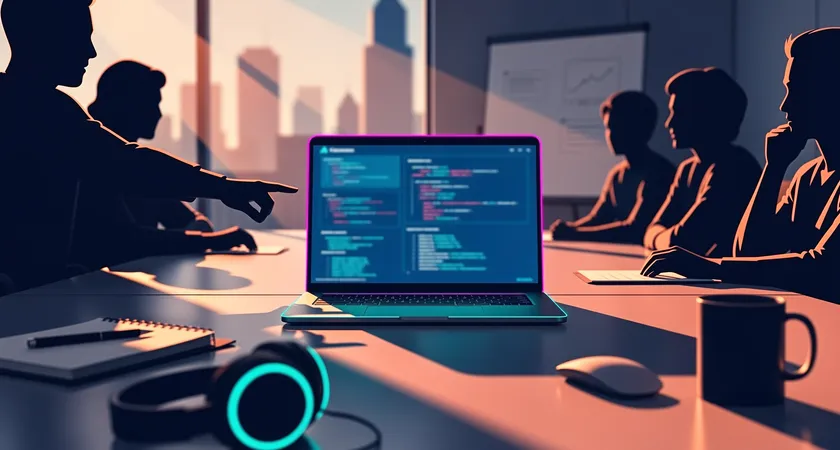 A team meeting around a conference table, a laptop screen is facing the group displaying clear API documentation, one person is pointing at a parameter list while others are nodding, afternoon sun casting warm geometric shadows on the table