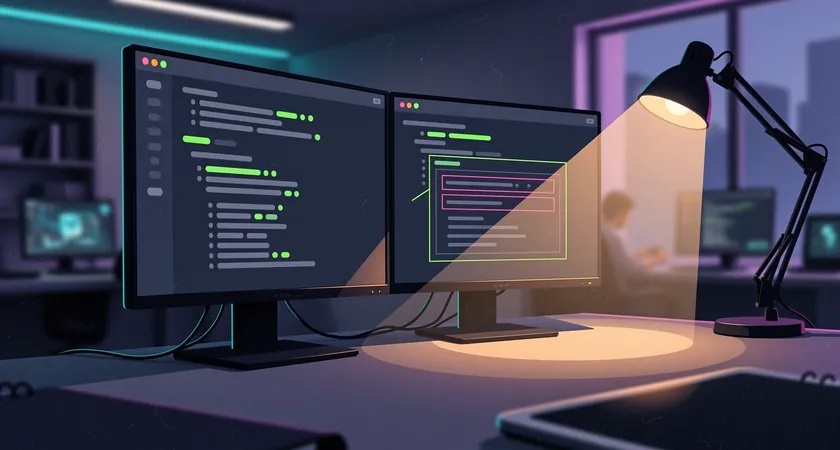 Close-up of a code editor on one monitor showing a test suite with all green passing checks, adjacent monitor shows the corresponding API documentation with highlighted response schema, dim office lighting with a focused desk lamp