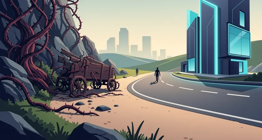 A visual metaphor of two paths, left path is overgrown with thorny vines labeled "Technical Debt" leading to a broken-down cart, right path is a clean, paved road labeled "Documented API" leading to a modern, scalable structure