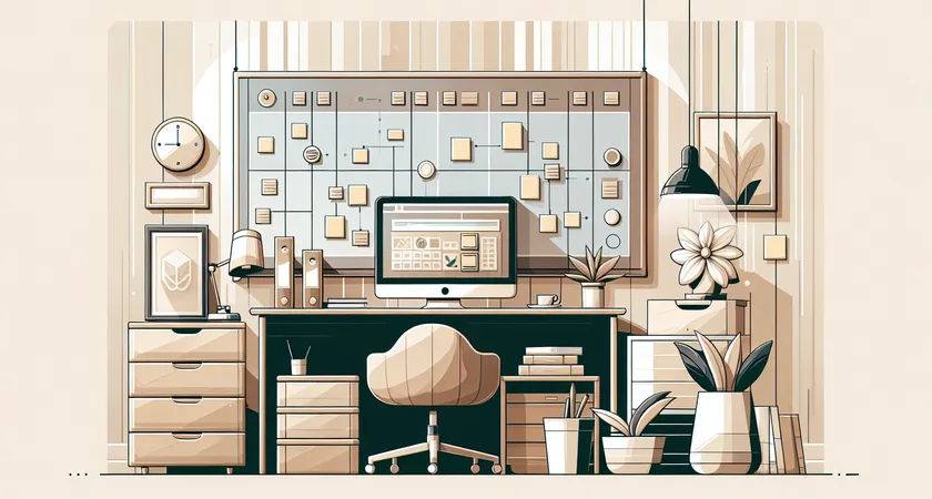 Un bureau avec un ordinateur portable sur lequel s’affiche un tableau Kanban