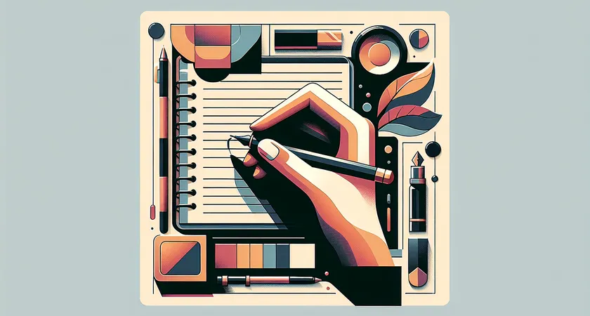 Une main tenant un stylo au-dessus d’un carnet ouvert