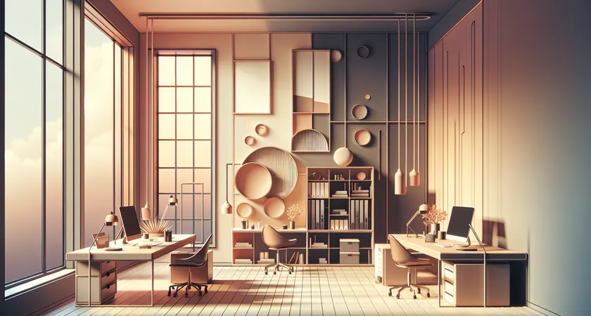 A modern office with large windows and laptops